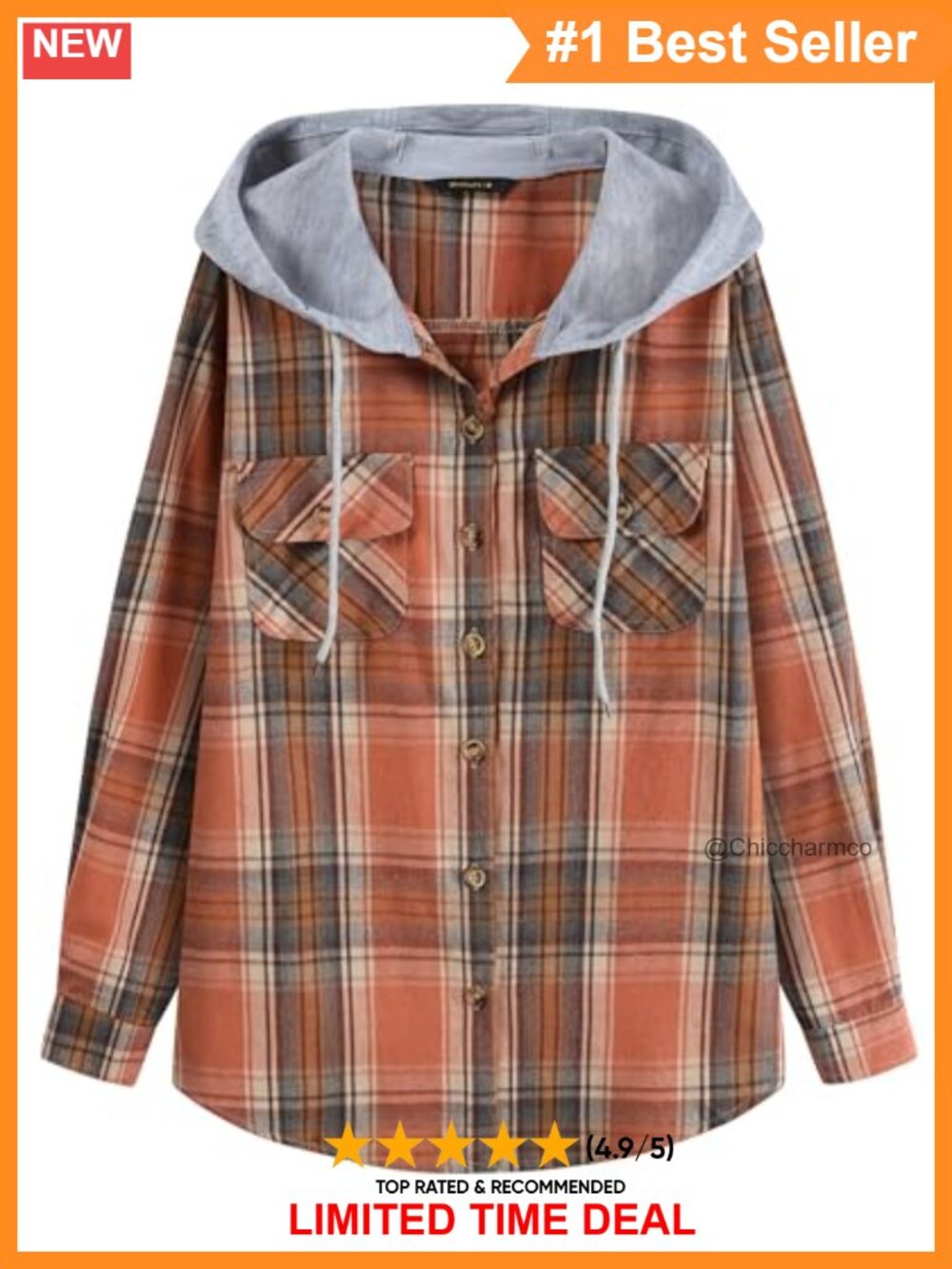 Cotton Blend Plaid Flannel Hoodie Button Down Shirt Casual